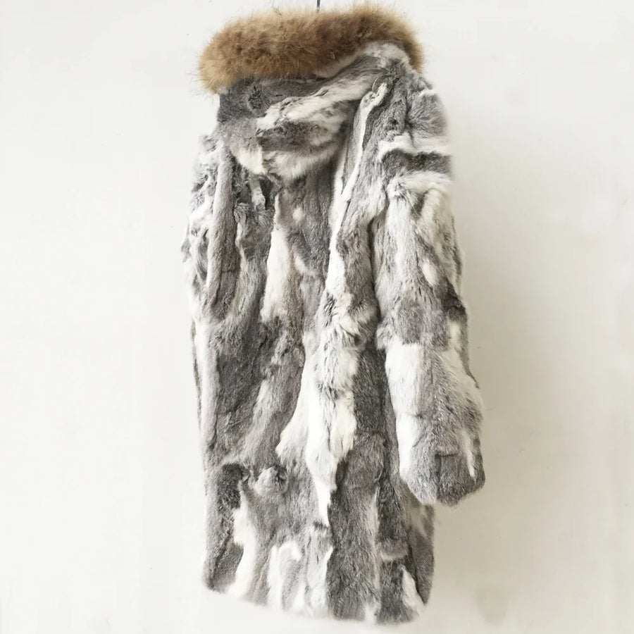 Cappotto da donna lungo, morbido effetto pelliccia con cappuccio - grigio screziato
