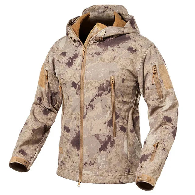 Men's Camouflage or Solid-Color Zipped Hooded Jacket with Multiple Pockets