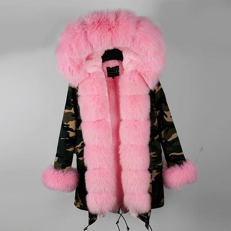 Parka invernale da donna con cappuccio, pelliccia rosa e fodera calda