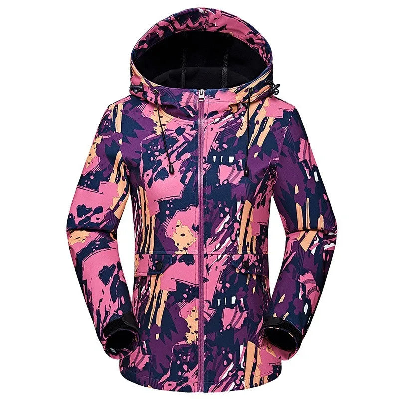 Wasserdichte Damen-Kapuzenjacke mit abstrakten türkisfarbenen, blauen und rosafarbenen Mustern
