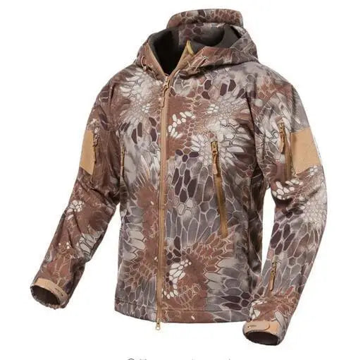 Men's Camouflage or Solid-Color Zipped Hooded Jacket with Multiple Pockets