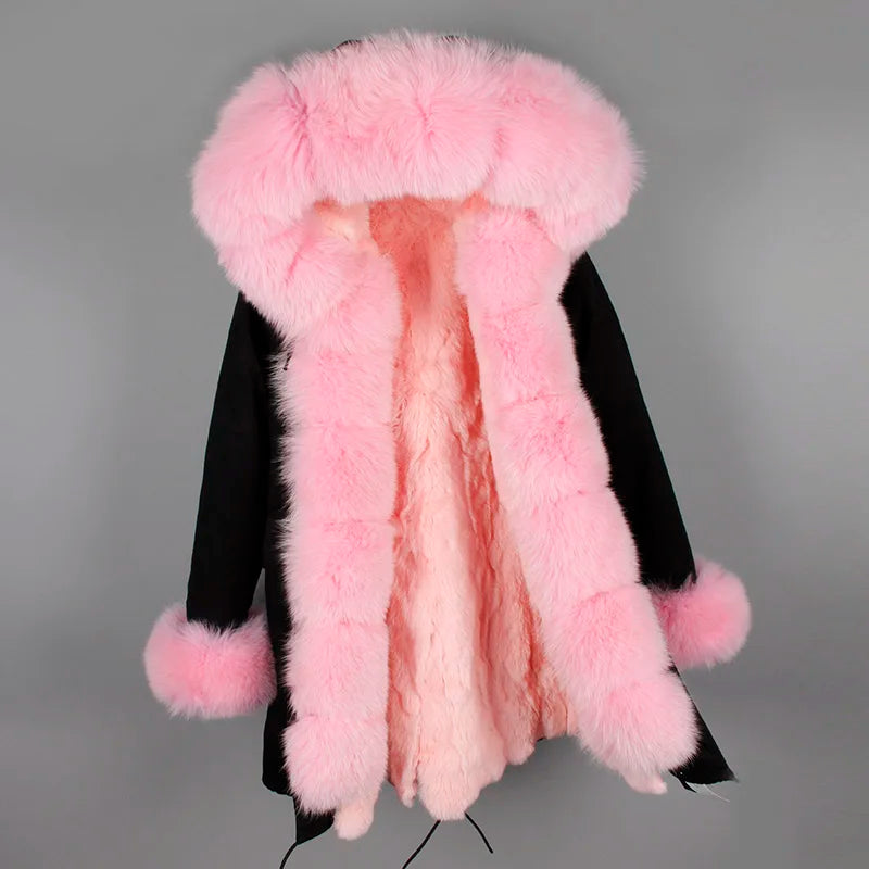 Parka invernale da donna con cappuccio, pelliccia rosa e fodera calda