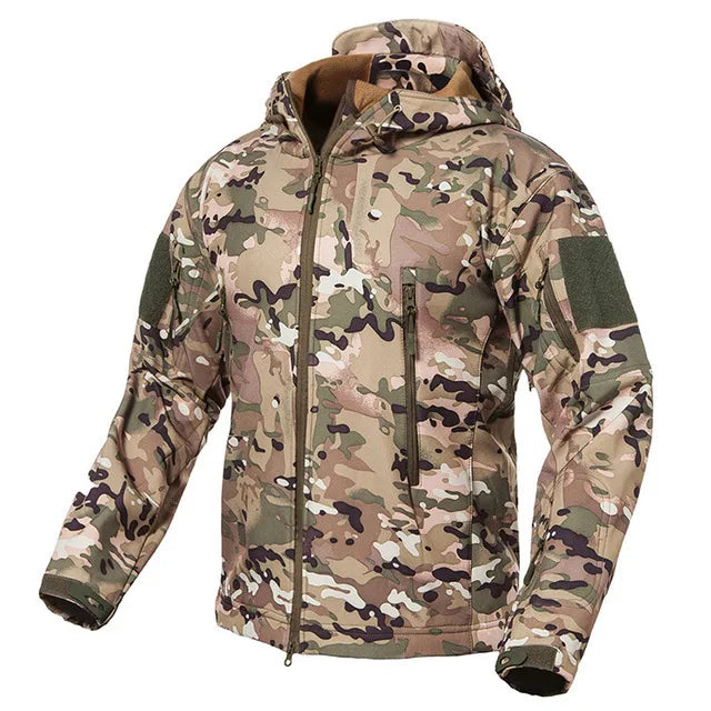 Men's Camouflage or Solid-Color Zipped Hooded Jacket with Multiple Pockets