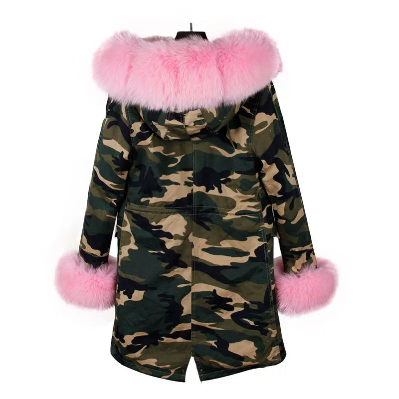 Parka invernale da donna con cappuccio, pelliccia rosa e fodera calda