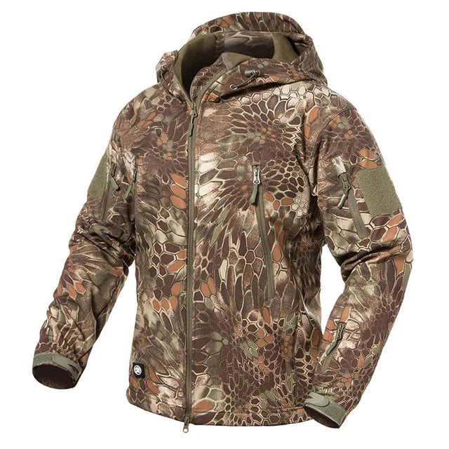 Men's Camouflage or Solid-Color Zipped Hooded Jacket with Multiple Pockets