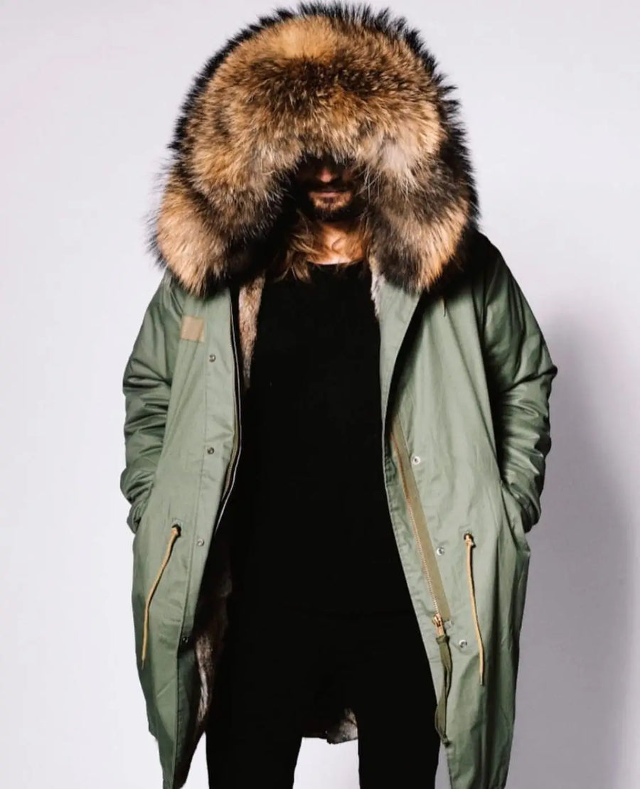 Men's Long Casual Parka with Removable Fur-Lined Hood