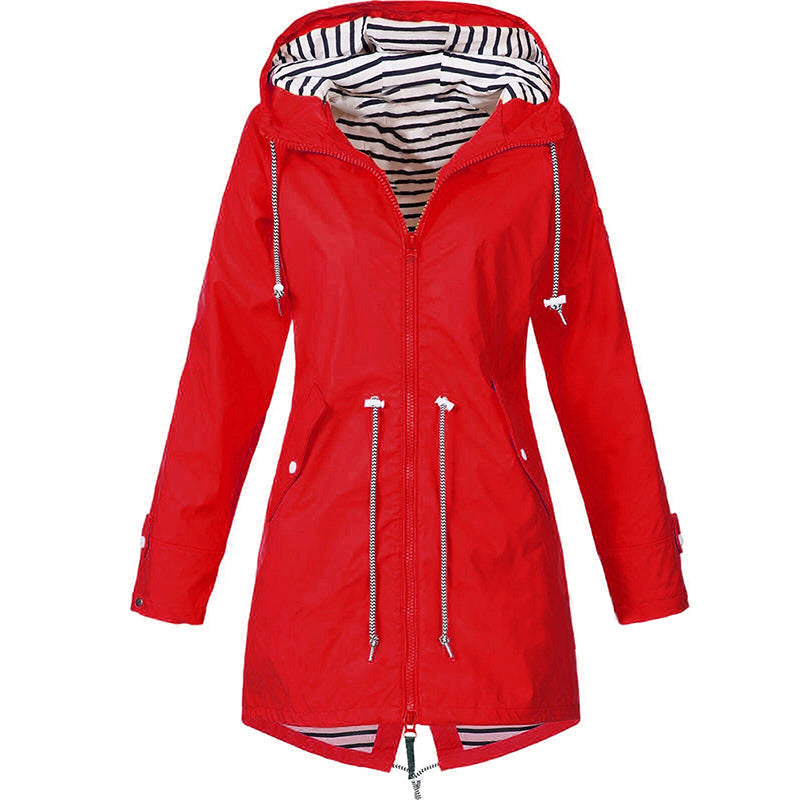 Parka impermeable de mujer con capucha a rayas y cordón de ajuste