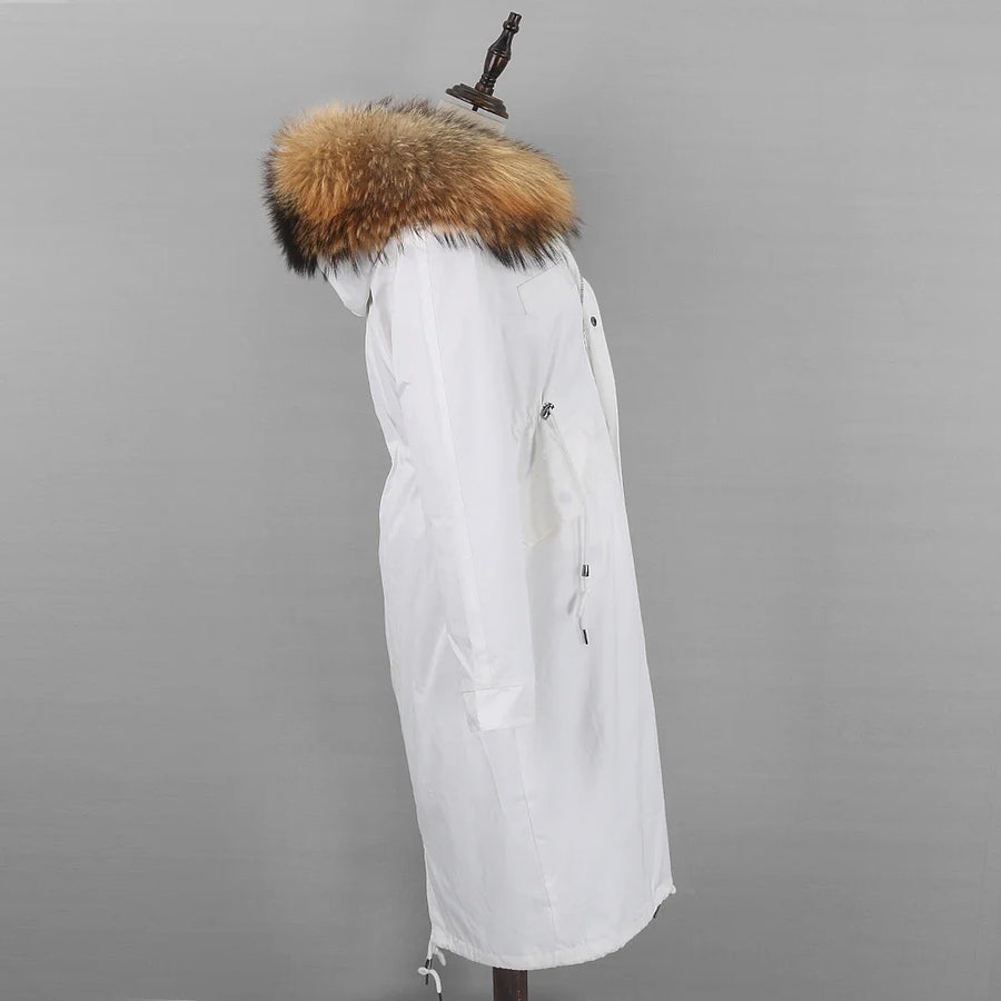 Parka lungo da donna con fodera calda, cappuccio con bordo in pelliccia