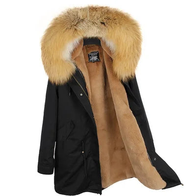 Parka da donna con cappuccio e fodera rimovibile in ecopelliccia spessa color kaki