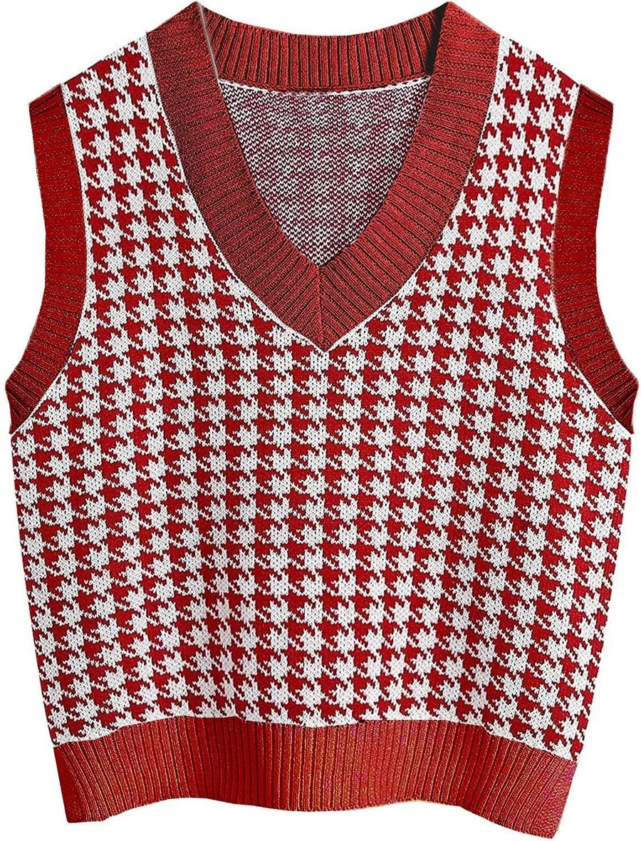 Gebreid damesvest zonder mouwen met pied-de-poulepatroon en V-hals