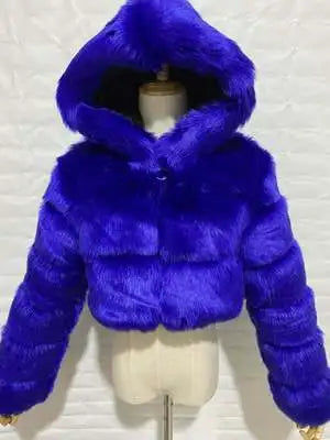 Veste courte à capuche en fausse fourrure douce pour femme