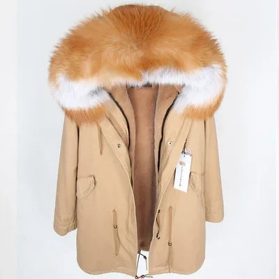 Parka da donna con cappuccio e fodera rimovibile in ecopelliccia spessa color kaki