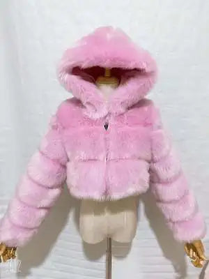 Veste courte à capuche en fausse fourrure douce pour femme