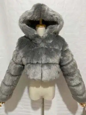 Veste courte à capuche en fausse fourrure douce pour femme