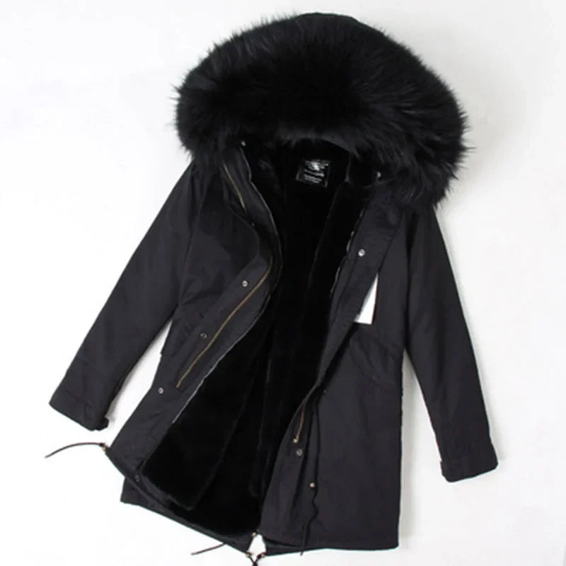 Parka da donna con cappuccio e fodera rimovibile in ecopelliccia spessa color kaki