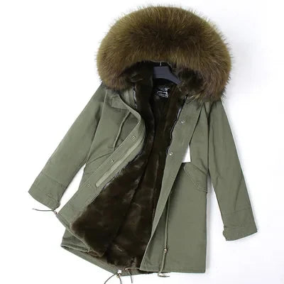 Parka da donna con cappuccio e fodera rimovibile in ecopelliccia spessa color kaki