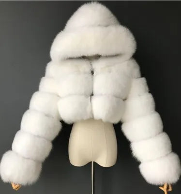 Veste courte à capuche en fausse fourrure douce pour femme