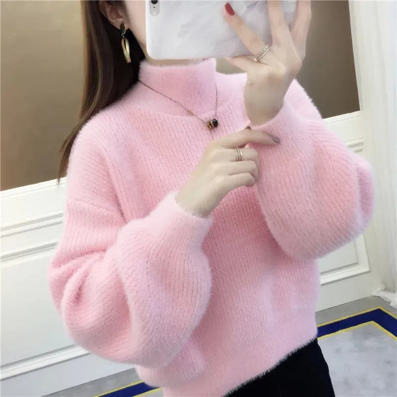 Pull col montant femme manches bouffantes en maille douce couleur unie