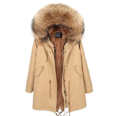 Parka da donna con cappuccio e fodera rimovibile in ecopelliccia spessa color kaki