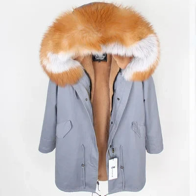 Parka da donna con cappuccio e fodera rimovibile in ecopelliccia spessa color kaki