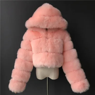 Veste courte à capuche en fausse fourrure douce pour femme