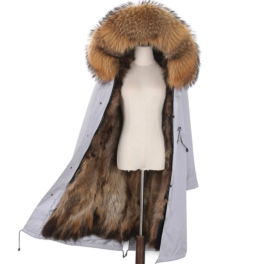 Parka lungo da donna con fodera calda, cappuccio con bordo in pelliccia