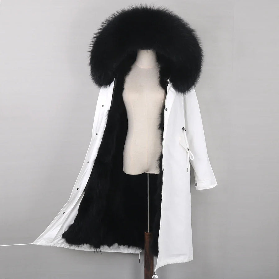 Parka lungo da donna con fodera calda, cappuccio con bordo in pelliccia