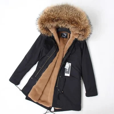 Parka da donna con cappuccio e fodera rimovibile in ecopelliccia spessa color kaki
