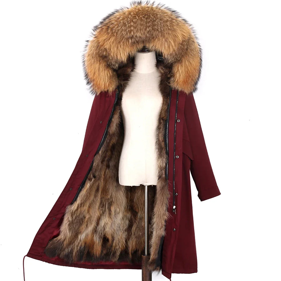 Parka lungo da donna con fodera calda, cappuccio con bordo in pelliccia