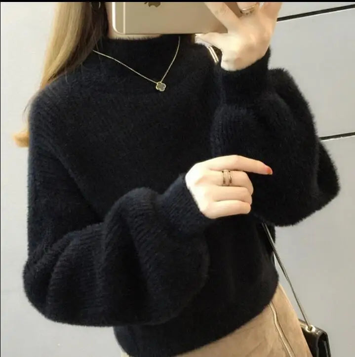 Pull col montant femme manches bouffantes en maille douce couleur unie
