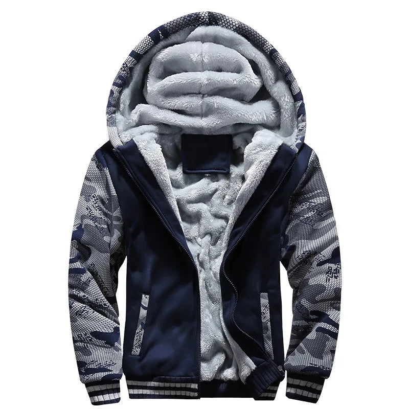 Giacca da uomo con cappuccio foderata in pile, vestibilità casual, chiusura con zip, multicolore