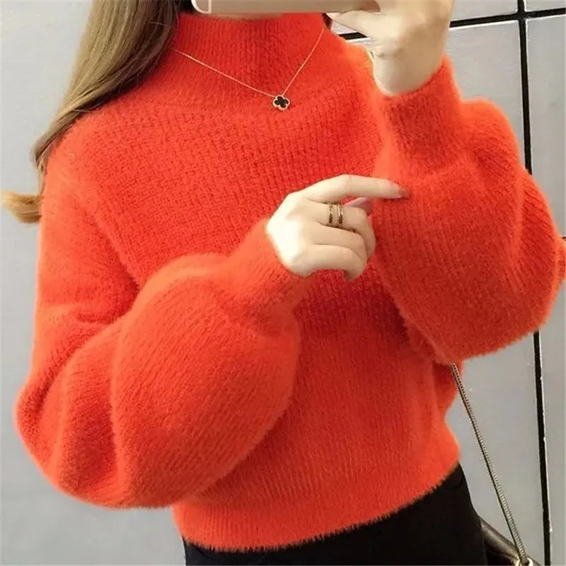 Pull col montant femme manches bouffantes en maille douce couleur unie