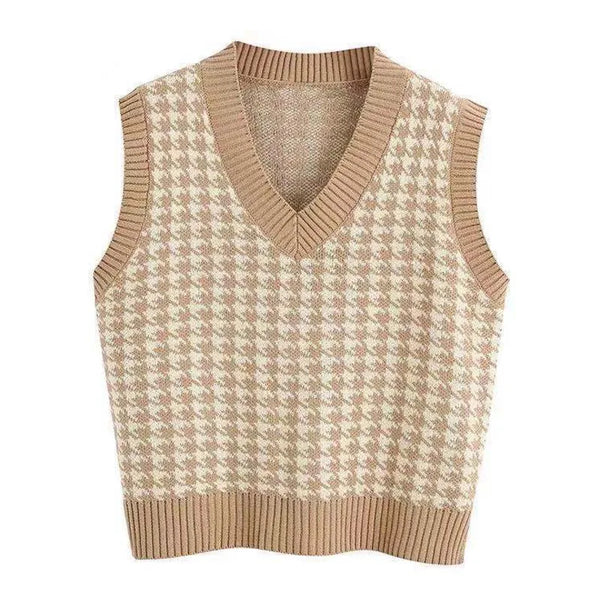 Gilet sans manches en tricot à motif pied-de-poule et col en V pour femme