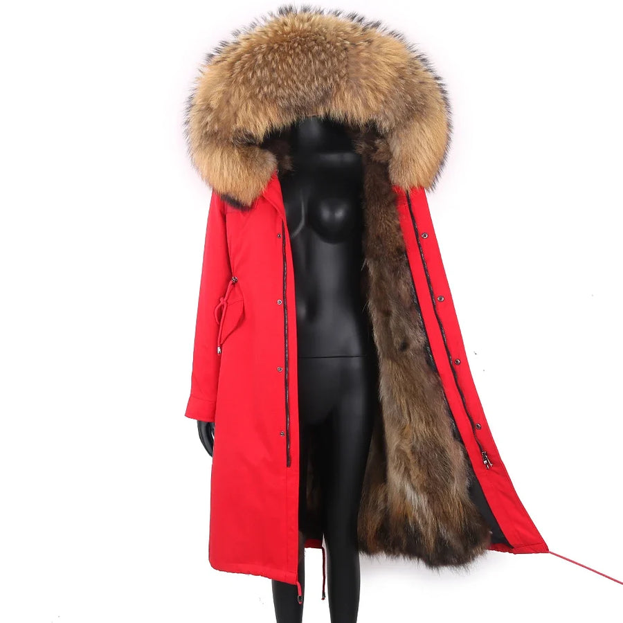 Lange zwarte damesparka met voering van imitatiebont met meerkleurig patroon