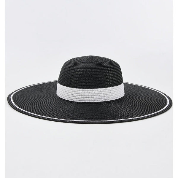 Sombrero de sol negro de ala ancha con cinta blanca