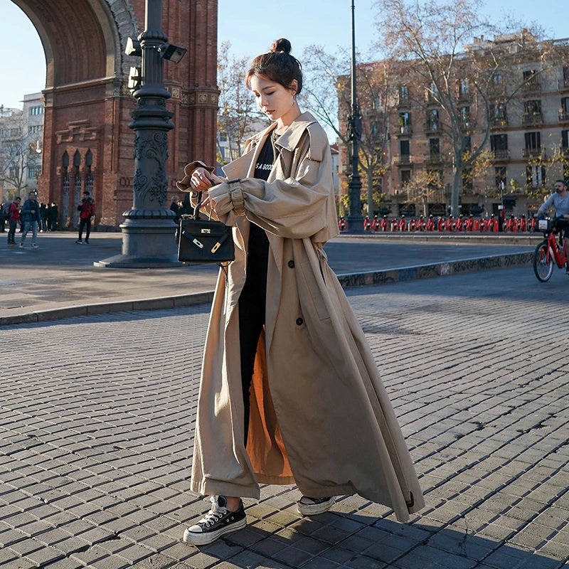 Trench-coat lungo oversize da donna – Stile classico doppiopetto – Elegante per tutte le occasioni