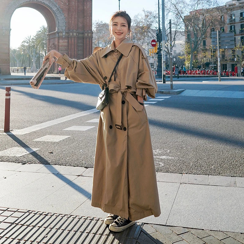 Trench-coat lungo oversize da donna – Stile classico doppiopetto – Elegante per tutte le occasioni