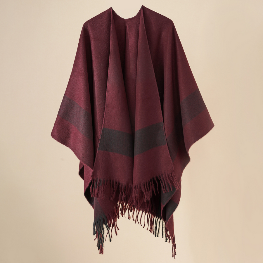 Soft women's fringed striped poncho cape in beige and brown