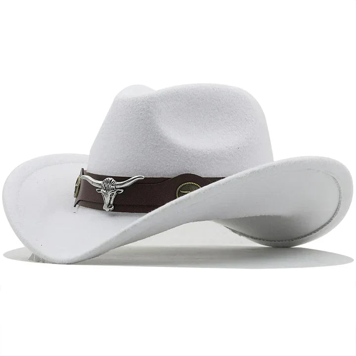 Chapeau de cowboy unisexe style occidental, bords recourbés avec bande décorative et tête de taureau