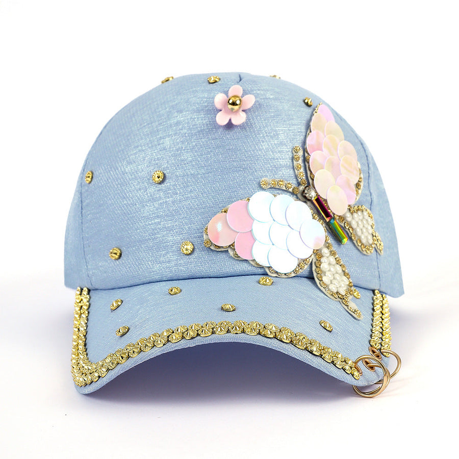 Casquette de baseball décorée papillon à sequins et strass bleu clair