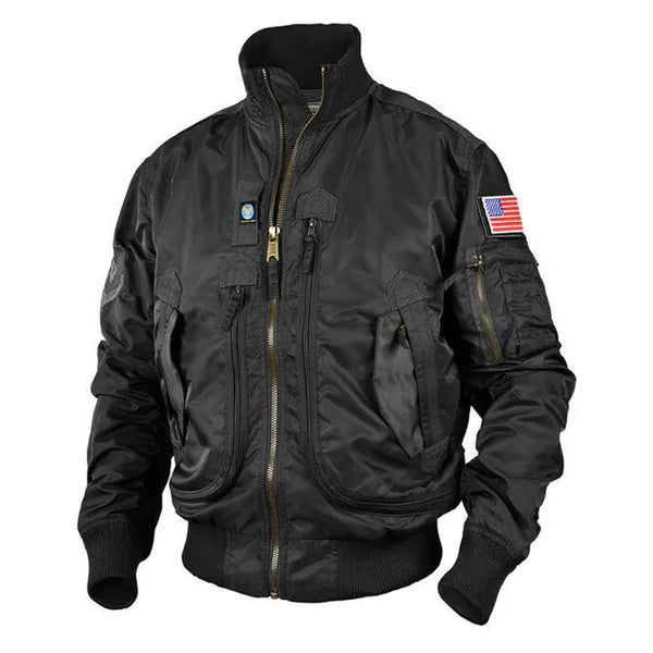 Men's Black Multi-Pocket Aviator-Style Bomber Jacket
