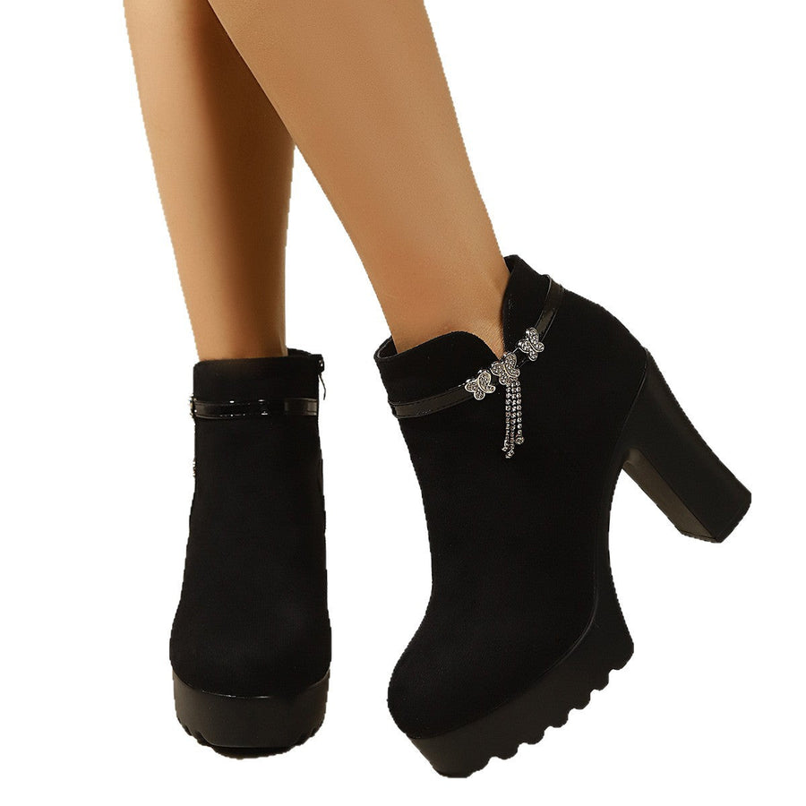 Bottines Femme à Talon Bloc Haut et Plateforme, Bout Arrondi, Détail Nœud Papillon Strass