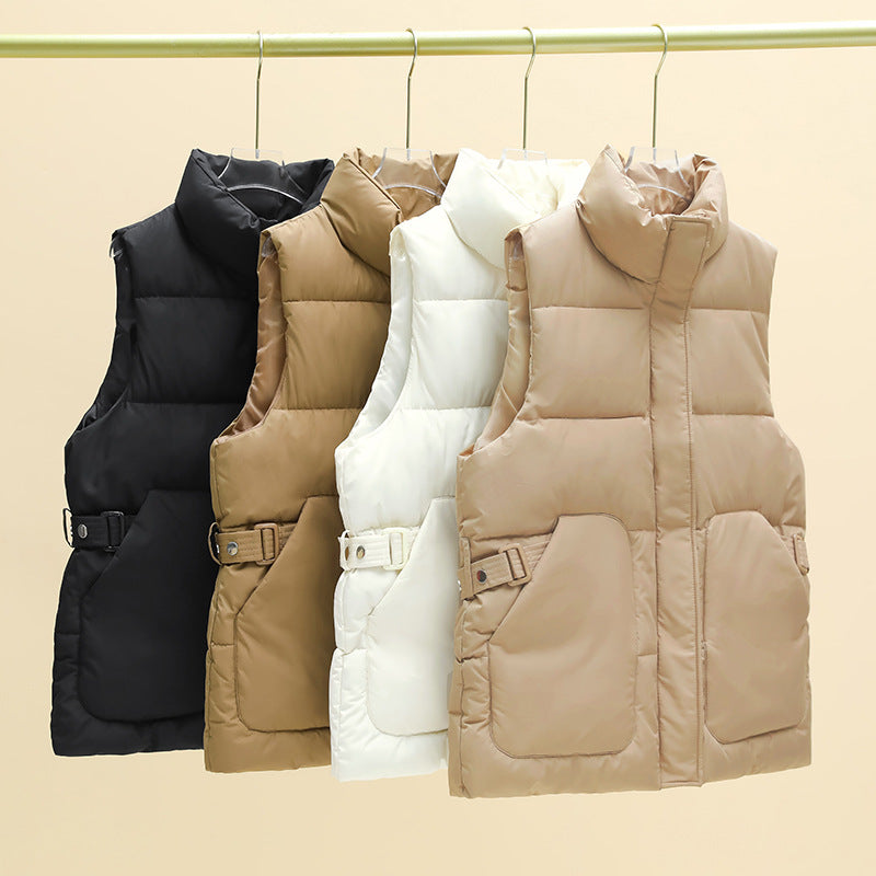 Solid-color quilted puffer vest with a stand collar and side flap pockets
