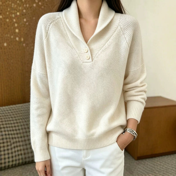 Jersey de punto suave para mujer con cuello chal, botones decorativos y mangas raglán