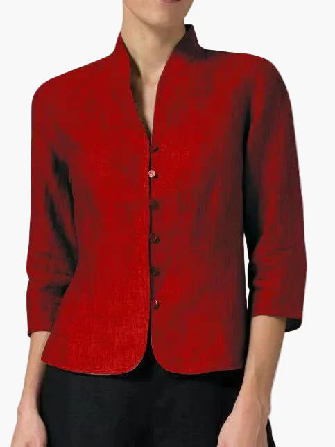 Chaqueta elegante para mujer estilo moderno con cuello alto y mangas tres cuartos para oficina y ocasiones formales