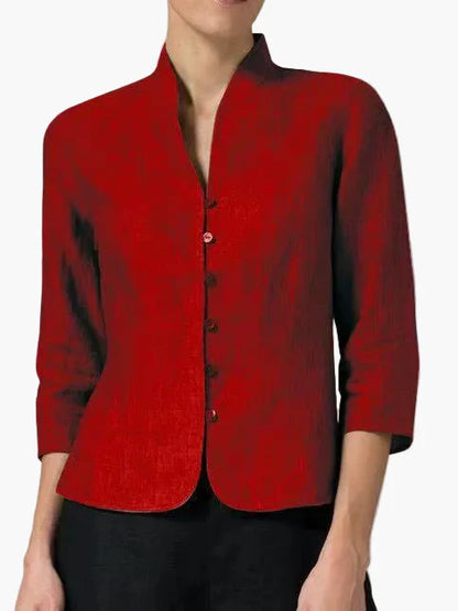 Chaqueta elegante para mujer estilo moderno con cuello alto y mangas tres cuartos para oficina y ocasiones formales
