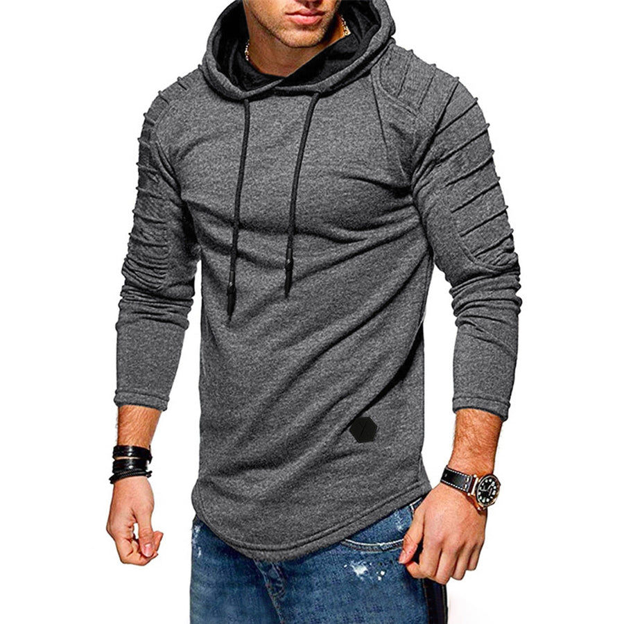 Herenhoodie met lange geplooide mouwen en afgeronde zoom - olijfgroen
