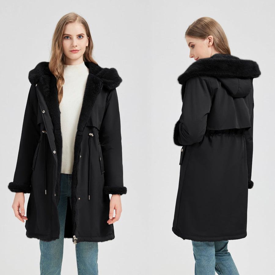 Women's long coat with fur-effect lined hood and adjustable waist
