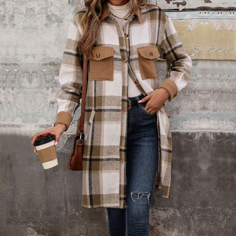 Veste longue Femme à carreaux style chemise avec poches poitrine