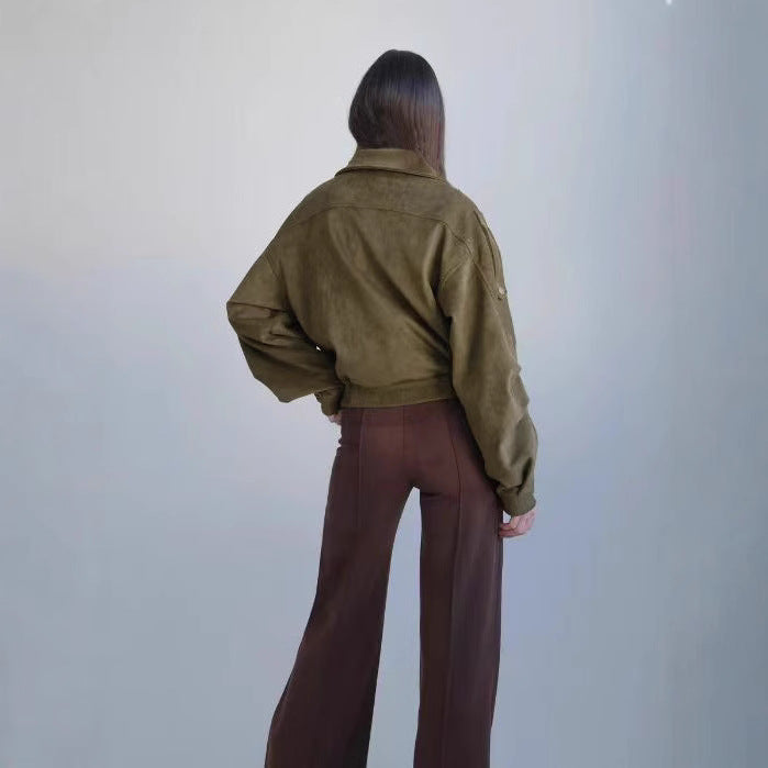Women's Short Khaki Green Biker-Style Jacket with Belt and Stand Collar